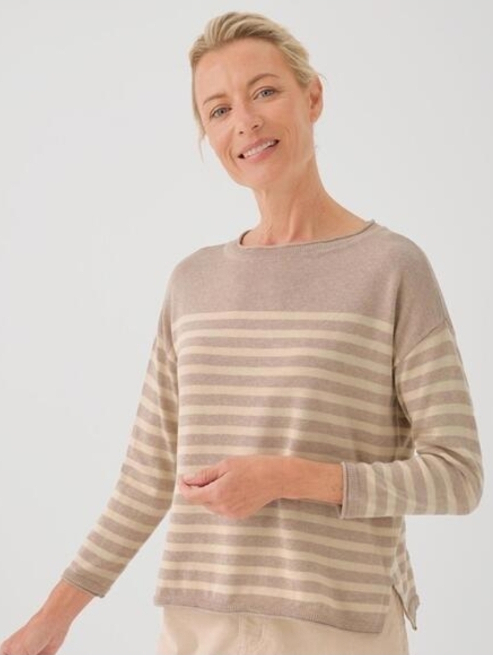 Pact Striped Crewneck Sweater - Beige & Cream